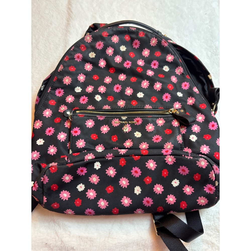 Michael Kors Abbey Nylon Backpack Black Pink Red Floral Daisy Print Gold Hardwar